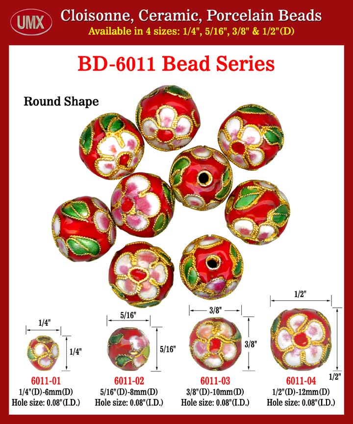 Cloisonne Choker Beads - Round Red Enamel Flower Art.
