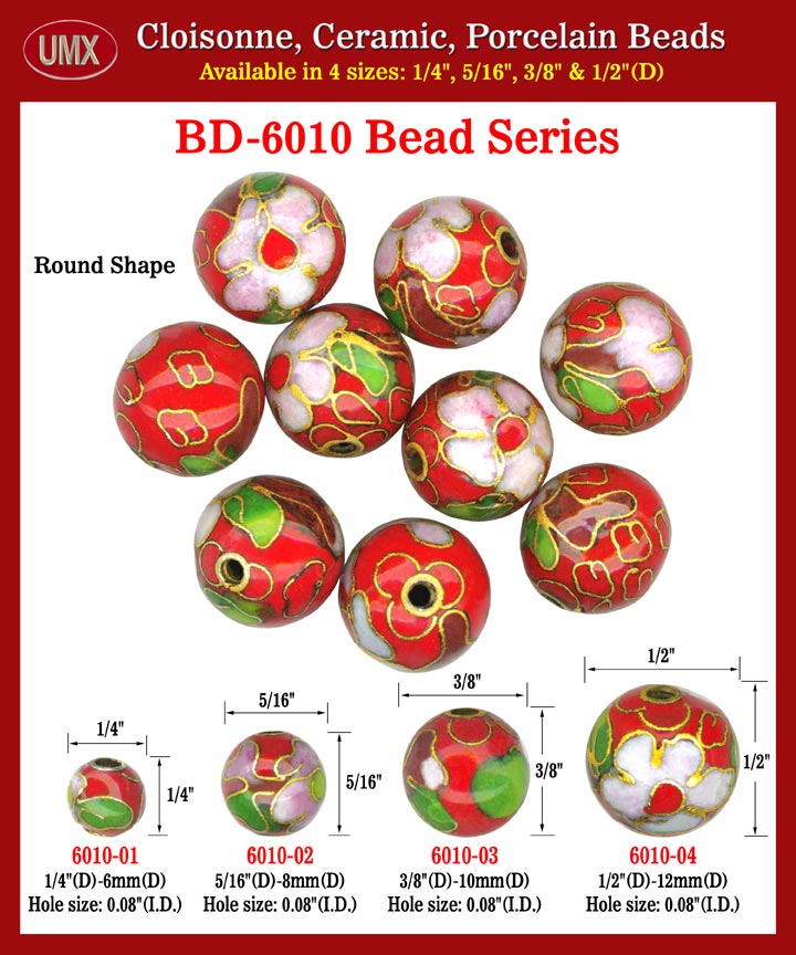 Cloisonne Porcelain Beads - Red Flower Round Shape.