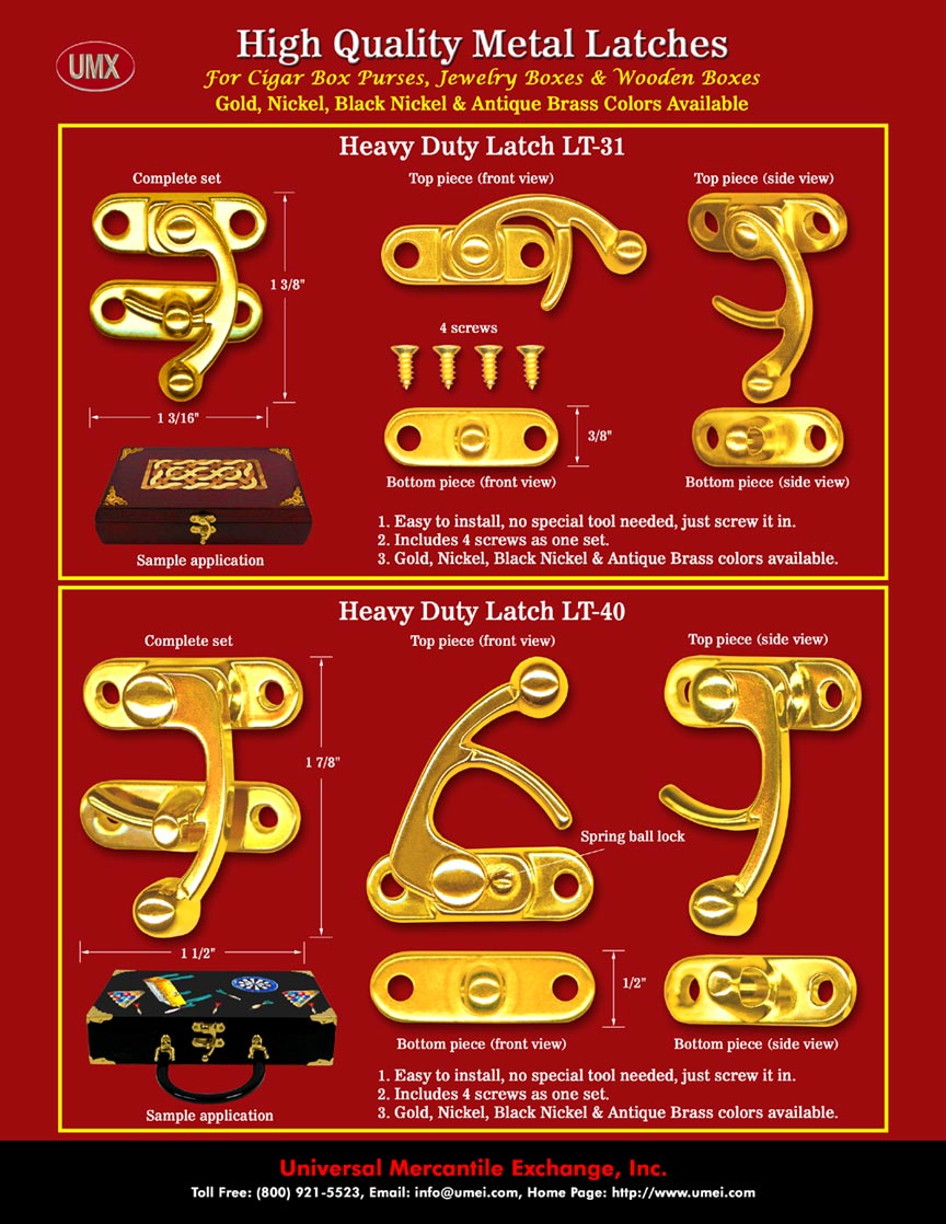 We make latch lock system for wood boxes, door, gate, cabinet, cigar box craft, jewerly box craft and cigar box purses latches.