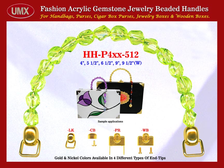 We are supplier of wholesale women's hand made handbag making hardware supplies. Our wholesale women's hand made handbag handles are fashioned from Peridot gemstone beads - lime green color acrylic gemstone beads.