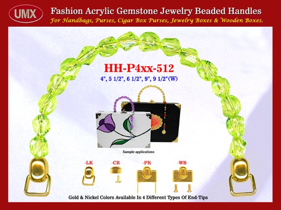 We are supplier of women's hand made handbag making hardware accessory. Our wholesale women's hand made handbag handles are fashioned from Peridot gemstone beads - lime green color acrylic gemstone beads.