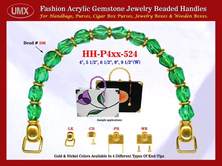 We are supplier of women's cloth handbag making hardware Supplies. Our wholesale women's cloth handbag handles are fashioned from emerald green gemstone beads - acrylic emerald beads.