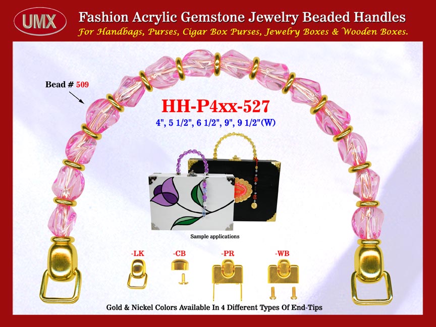 We are supplier of women's microfiber handbags making hardware supplies. Our wholesale women's microfiber handbag handles are fashioned from pink gemstone beads - acrylic pink beads.
