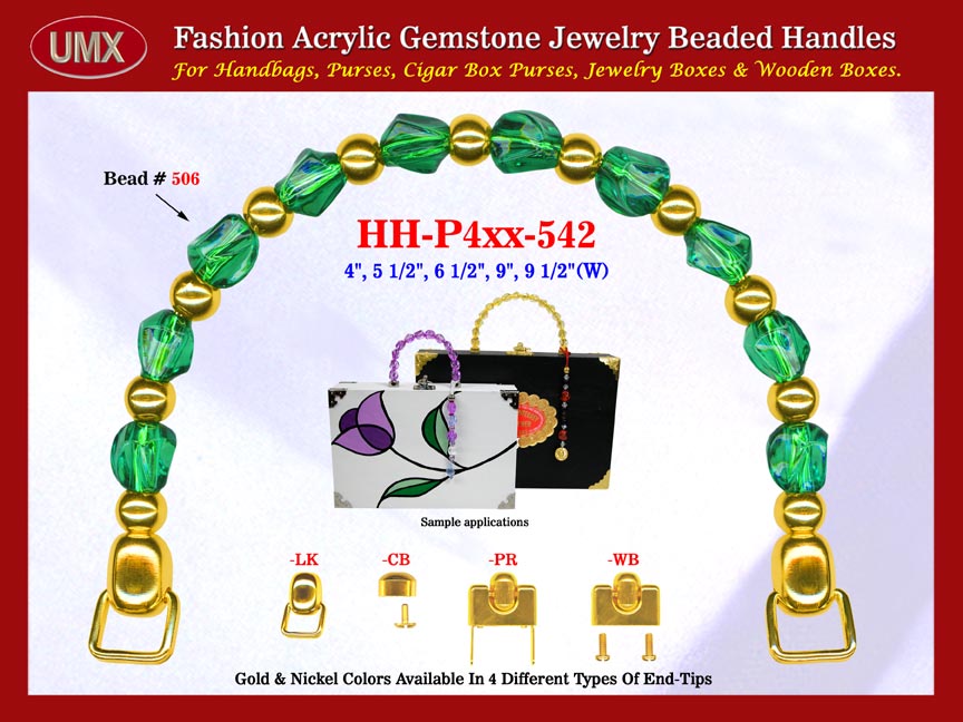 We are supplier of women's evening handbag making hardware supplies. Our wholesale women's evening handbag handles are fashioned from emerald jewelry beads - acrylic emerald beads.