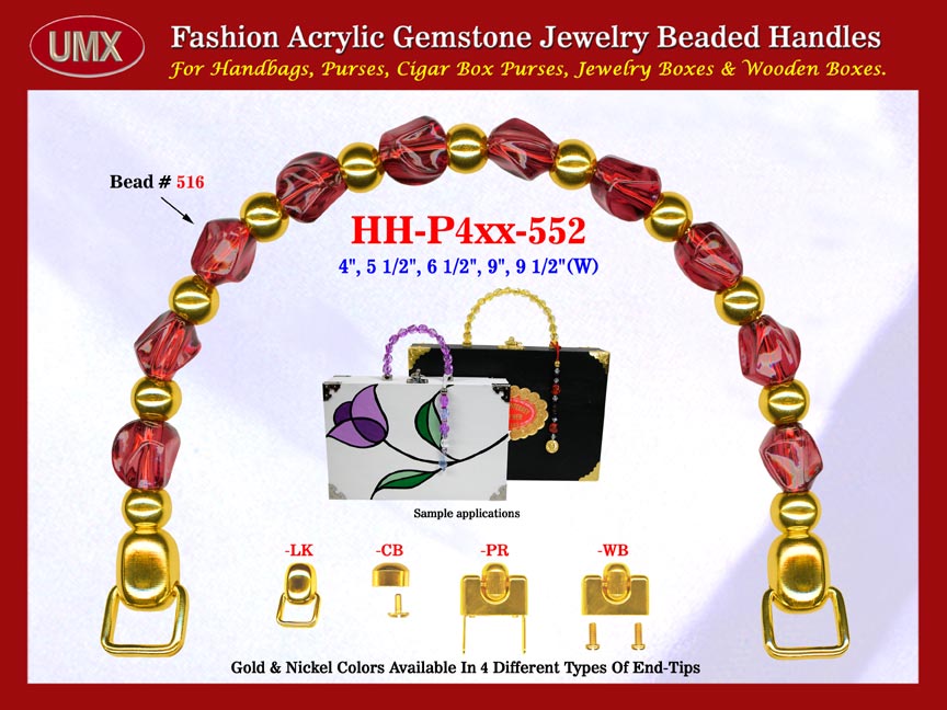 We are supplier of women's silk handbag making hardware supplies. Our wholesale women's silk handbag handles are fashioned from garnet jewelry beads - acrylic garnet beads.