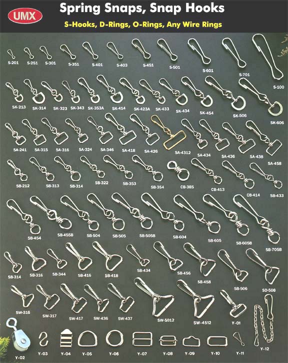 Snaps, Spring Snaps, Snap Hooks, Hooks for buckles, luggage, fishing, boating
industry and military applications.
