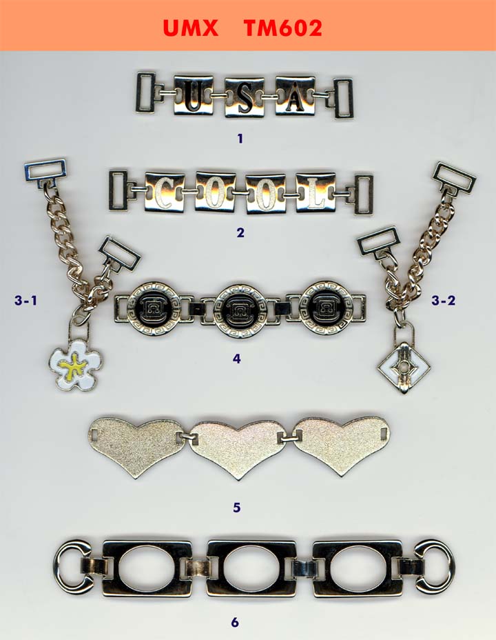 large picture of metal chains, logos, trims series tm602